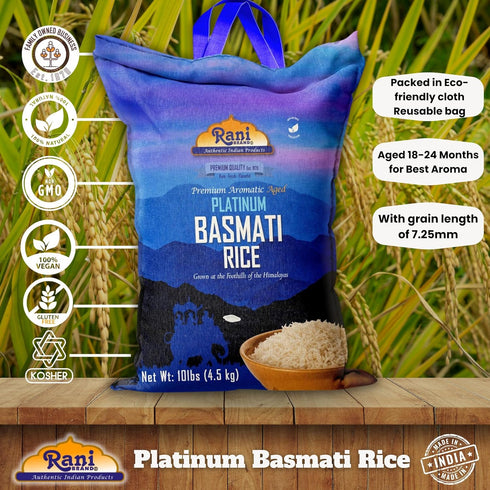 10-Pound 160oz (10lbs) 4.53kg Rani Platinum White Basmati Rice Extra Long Aged Bag, ~ All Natural | Gluten Friendly |