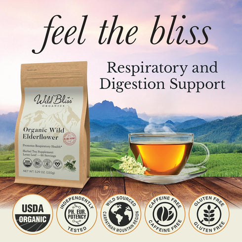 Immune 5.29 60 Wild Bliss Organic Elderflower Tea and Respiratory Support - Caffeine Free Loose Leaf Elder Flowers