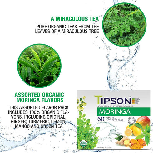 Tipson Organic Moringa Variety Sampler, 6 Flavors (60 Tea Bags), Herbal Tea Infusions, USDA Organic, Non-GMO, Gluten