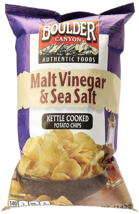 Boulder Canyon Kettle Cooked Potato Chips, Malt Vinegar and Sea Salt, 5