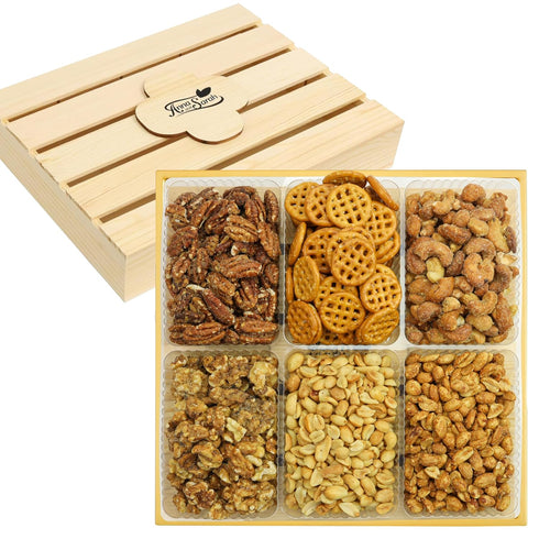 6-Compartment Honey Roasted Mixed Nuts Gift Basket Pecans, Walnuts, Cashews & Peanuts and Pretzel in Mini Bags, Wooden