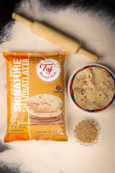 TAJ Gourmet Foods 4lbs 100% TAJ Signature Sharbati Atta, (Chakki Atta - Stone Ground) Whole Wheat Flour, Chappati Flour