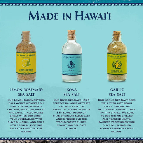 3 Pack, Sea Salts of Hawaii Variety Pure Kona Hawaiian Salt, Roasted Garlic Salt, Lemon Rosemary Flavored Hawaiian Sea