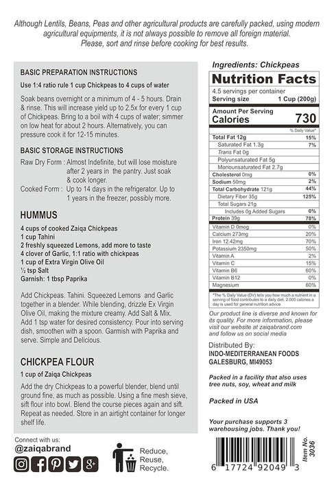 Zaiqa Exquisite Taste 2 LBS 32 Hummus Packed Zaiqa Raw Chickpeas, or Ounce | Dried Chickpeas for Chickpea Flour, Choice