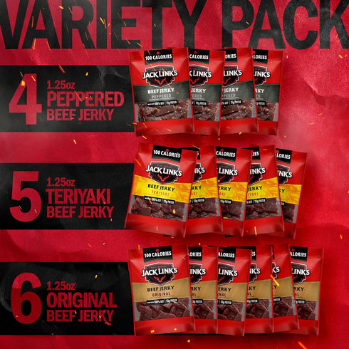 Pack Pack, 100% 1.25 Oz (Pack 15) Jack Link's Beef Jerky Variety Includes Original, Teriyaki and Peppered Jerky, Bulk
