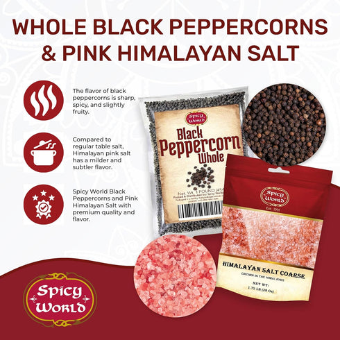 Spicy World 16 Oz 1.75 LB (28 Oz) Whole Black Peppercorns + Himalayan Pink Salt Coarse