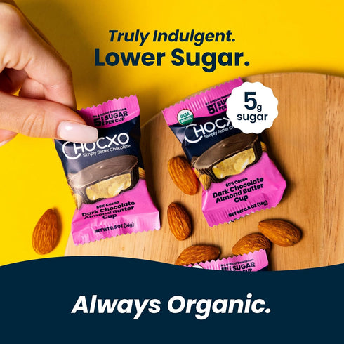 60% 3.45 oz (Pack 6) Chocxo Dark Chocolate Almond Butter Cups - Lower Sugar, Organic, NonGMO, Keto, Gluten Free