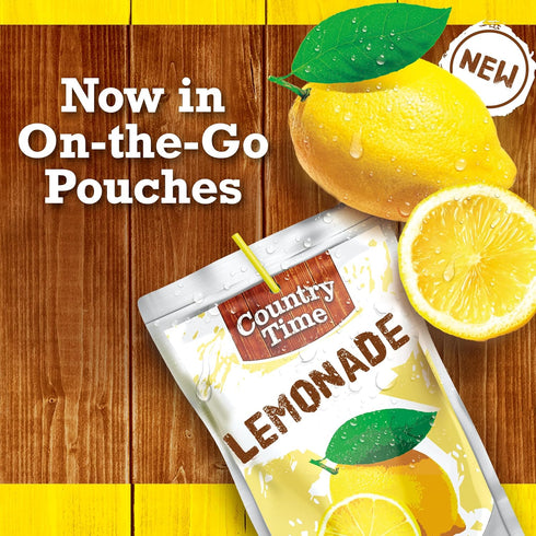 Country 10 6 oz Time Ready to Drink Flavored Drink, Pouches, for School Lunches and On-the-Go Hydration, Lemonade, No