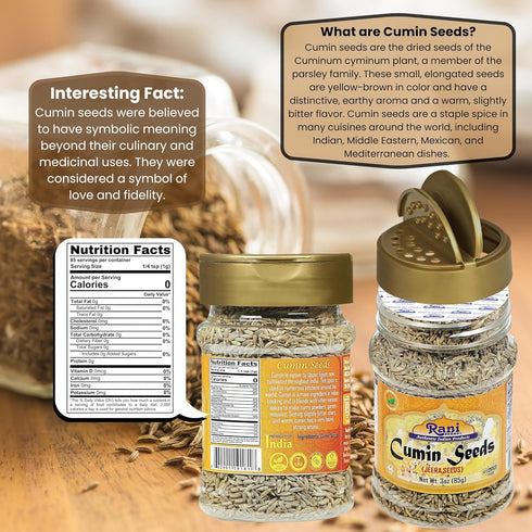 Rani Cumin Seeds Whole (Jeera) Spice, 3oz (85g) PET Jar, All Natural, Gluten Friendly, NON-GMO