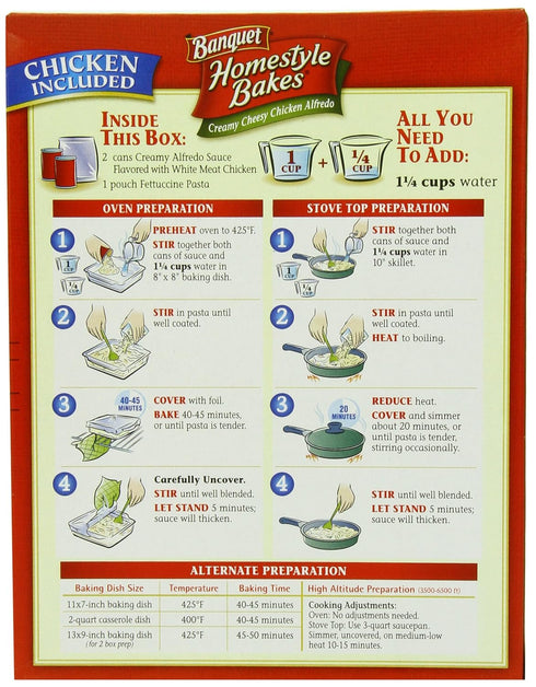 Banquet 35.7 oz. Homestyle Bakes Creamy Cheesy Chicken Alfredo, Meal Kit