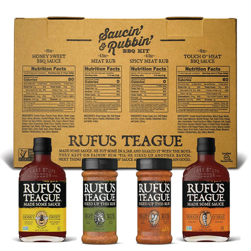 4-Piece Set Rufus Teague BBQ Sauce and Rub Cooking Gift, Saucin' & Rubbin' Kit, Honey Sweet, Touch O' Heat, Spicy