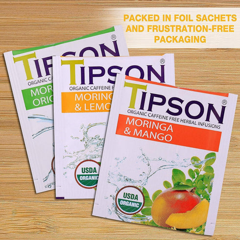 Tipson Organic Moringa Caffeine Free Herbal Tea, Lemon Flavor, 25 Premium Double Chambered Bags