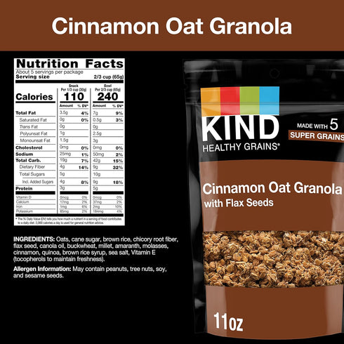 6g 11oz, 3 Count Kind Healthy Grains Granola, Cinnamon Oat Clusters with Flax Seeds, Gluten Free, Healthy Snack Mix