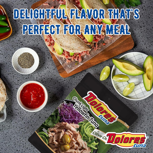 2.6 oz (Pack 24) Dolores Chunk Light Yellowfin Tuna in Olive Oil Pouch Ready-to-Eat Tuna, Mild Flavor, Convenient