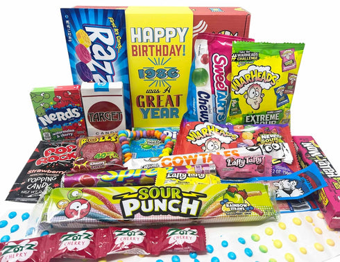 1986 Retro Childhood Candy Gift Basket Box Assortment for 40th Birthday Man