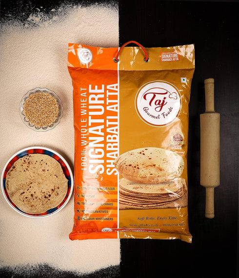 TAJ Gourmet Foods 4lbs 100% TAJ Signature Sharbati Atta, (Chakki Atta - Stone Ground) Whole Wheat Flour, Chappati Flour