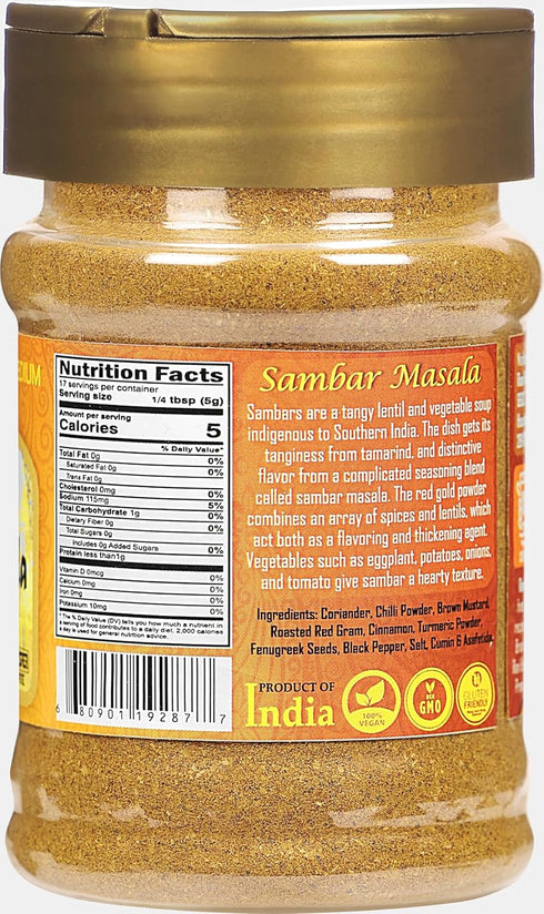 Rani Sambar Masala (Lentil Soup Spice Blend) 3oz (85g) PET Jar, All Natural, Vegan, Gluten Friendly, Kosher
