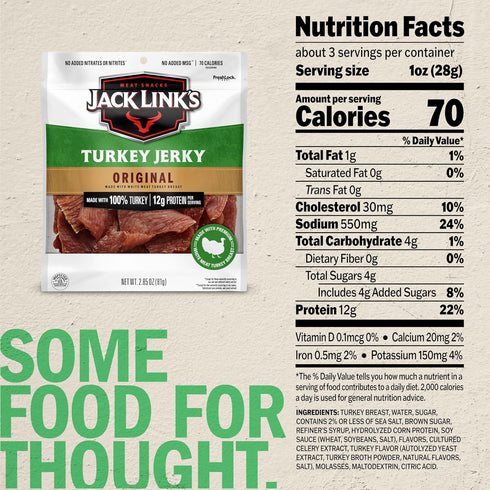 2.85 oz 12g 100% Jack Link's Original Turkey Jerky - Bag - Ready to Eat Protein Snack - Protein per Serving - Made