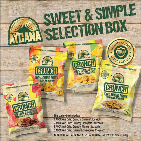 100% Pack, 12 Aycana Sweet & Simple Selection Box Dried Fruit Crunchy Banana, Pineapple, Mango, Strawberry Gluten-Free