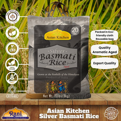 20lbs (9.08kg) Asian Kitchen Silver White Basmati Rice Extra Long Aged ~ All Natural | Gluten Friendly | Vegan | Indian
