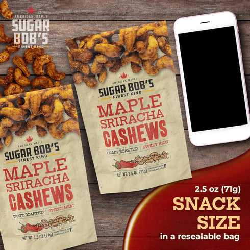 2.5 oz (Pack 3) Sugar Bobs Finest Kind, Maple Sriracha Cashews, Slow Roasted Sweet and Salty Nuts, Handmade in Vermont