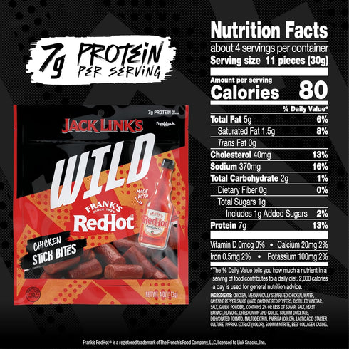 100 Packs 7g Pack 4oz (8 Count) Jack Link's Wild Chicken Stick Bites Made with Frank's RedHot Flavor, Mini Meat Sticks