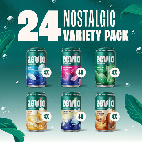 Pack, 12 oz (24-Pack) Zevia Zero Sugar Soda, Nostalgic Variety Cans Naturally Sweetened, Non-GMO Project Verified