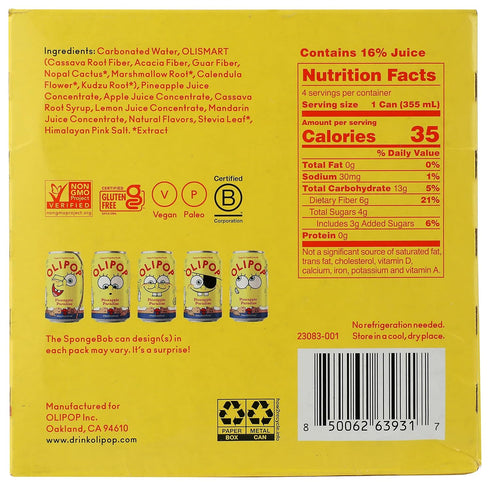 48 OLIPOP SpongeBob Pineapple Paradise Prebiotic Soda, FZ