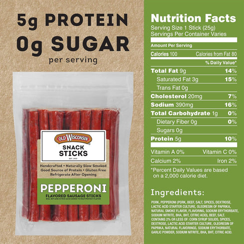 Old Wisconsin 28 Package Pepperoni Sausage Snack Sticks, Naturally Smoked, Ready to Eat, High Protein, Low Carb, Keto