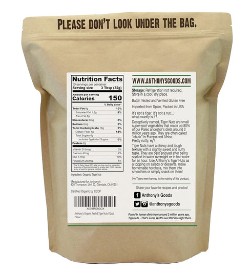 12 oz, Anthony's Organic Peeled Tiger Nuts, Raw, Gluten Free, Non GMO, Paleo Friendly