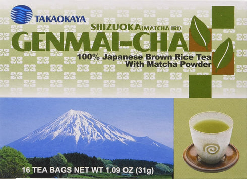 Takaokaya Genmai Cha, Japanese Brown Rice Tea with Matcha Powder, 16 Tea Bags