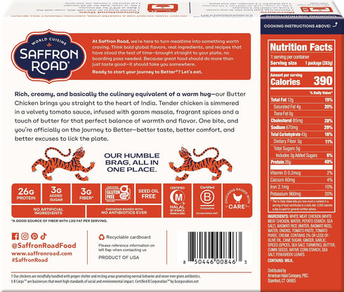 Frozen 10 Saffron Road Butter Chicken High Protein, Seed Oil Free, Chickens Raised with No Antibiotics, No Artificial