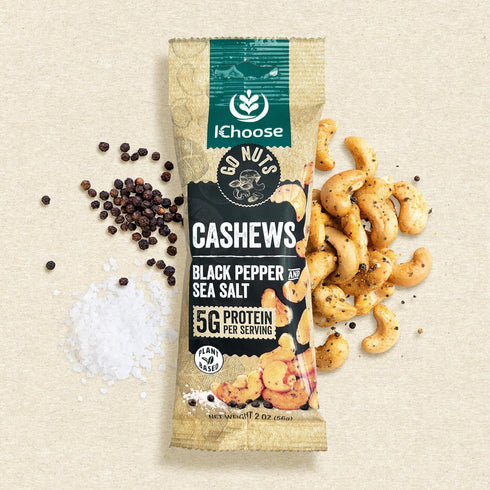2oz Packs (5 Count) IChoose Black Pepper Sea Salt Cashews, Individual Snack Bold Cracked Pepper Roasted Cashews