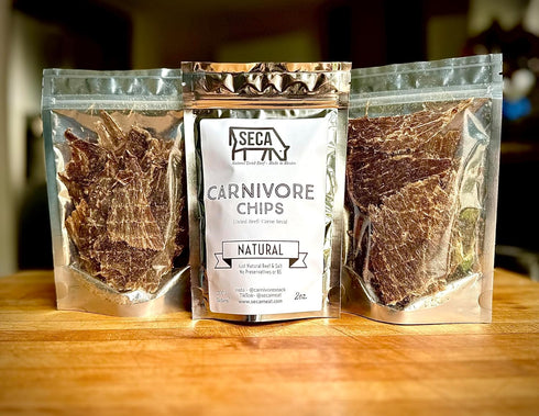 2 (3-Pack, 2oz SECA Carnivore Chips Crispy Slow-Dried Beef Chips with Kosher Salt Ingredients, No Preservatives, No