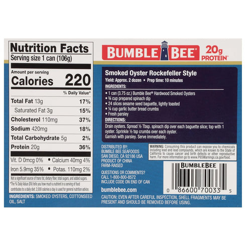 3.75 oz 18g (Pack 4) Bumble Bee Canned Hardwood Smoked Oysters, Can - Ready to Eat - Protein per Serving - Gluten Free