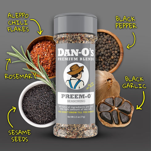 2.5 oz Dan-O's Preem-O Seasoning, Bottle, Meat Seasoning for Steak, Ribs, Chicken, Brisket and More, Sugar Free, Zero