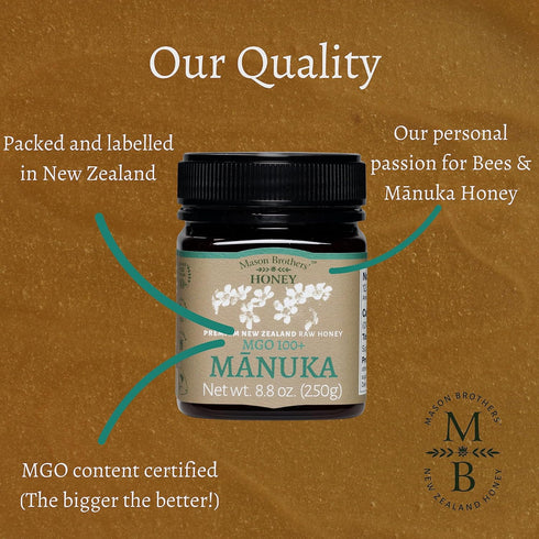 100+ 8.8 oz Mason Brothers Raw Manuka Honey MGO Certified Monofloral New Zealand Manuka Honey, Traceable Pure Natural