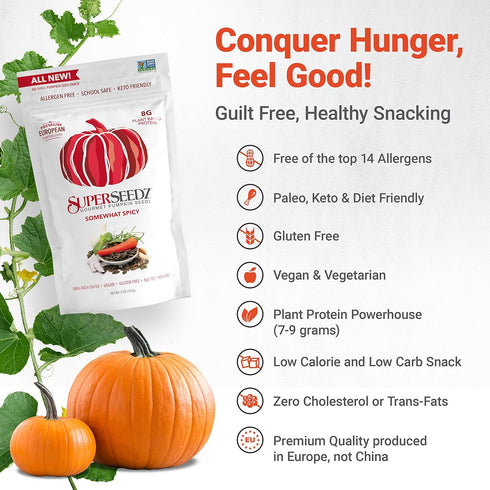 SuperSeedz Dry Roasted Pumpkin Seeds, Somewhat Spicy Pepitas, 5oz, Whole 30, Paleo, Vegan, Keto Snack