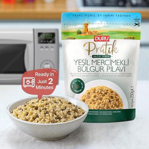 8,8 100% Duru Bulgur Pilaf with Green Lentils, Ounces, Heat & Eat, Natural, Non-GMO, BPA Free, No Trans Fat, No