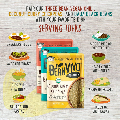 3 Pack (10 oz BeanVIVO - Variety each) - Organic Baja Black Beans, Three Bean Vegan Chili, Coconut Curry Chickpeas