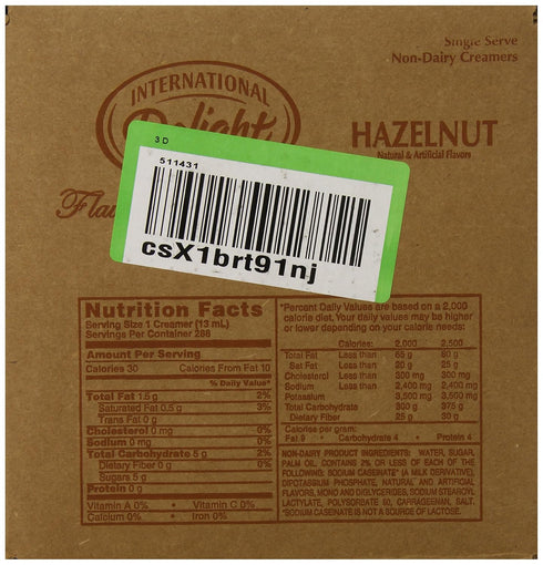 Packages, 288 Count, International Delight, Hazelnut Liquid Creamer, Single-Serve Shelf Stable Non-Dairy Flavored