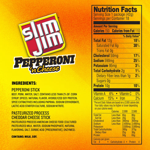10g 1.5 oz. Slim Jim Beef 'N Cheese Smoked Meat Sticks, Pepperoni Flavor, Protein Per Serving