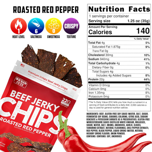 22g (2 Wicked Cutz Roasted Red Pepper Beef Jerky Chips, Protein per Bag, Crispy & Crunchy Beef Jerky Crisps, USA Made