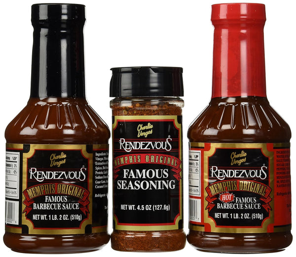 Charlie Vergos Rendezvous (Memphis) BBQ Sampler Bundle -- Hot BBQ Sauce, Original BBQ Sauce &