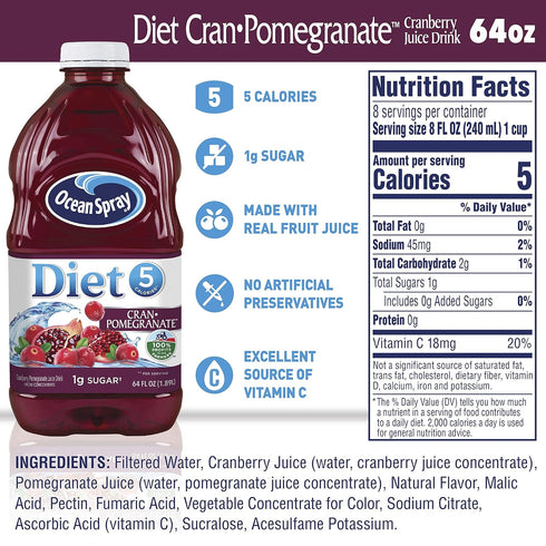 64 Oz (Pack 8) Ocean Spray Diet Cranberry Pomegranate, Fl