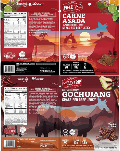 Pack, 2.2oz 4 Pack Field Trip Grass Fed Beef Jerky Variety Healthy Gluten Free Snacks, All Natural, Paleo-Friendly Meat