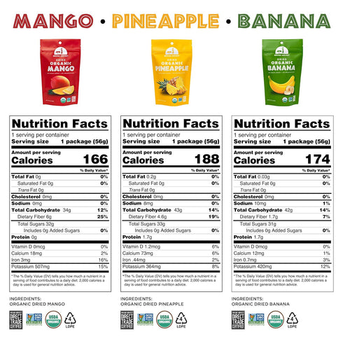 Pack 2 Pack 6 Mavuno Harvest Organic Dried Fruit Variety | Dried Mango, Pineapple, and Banana | Healthy, Vegan, No