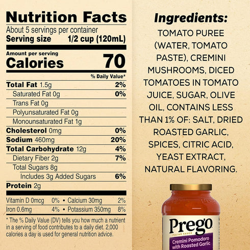23.5 OZ (Pack 12) Prego Cremini Pomodoro With Roasted Garlic Pasta Sauce, Jar