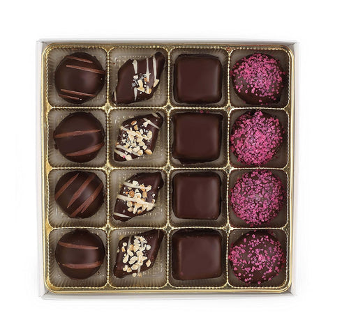 16-Pc Valentine Chocolate Truffles Gift Box - Fancy Vegan Dark Chocolate Candy, Kosher, Dairy Free, Heart Box
