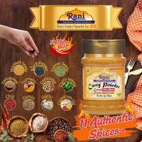 Rani Curry Powder EXTRA HOT (11-Spice Indian Blend) 3oz (85g) PET Jar - All Natural, Vegan, Gluten Friendly, Kosher